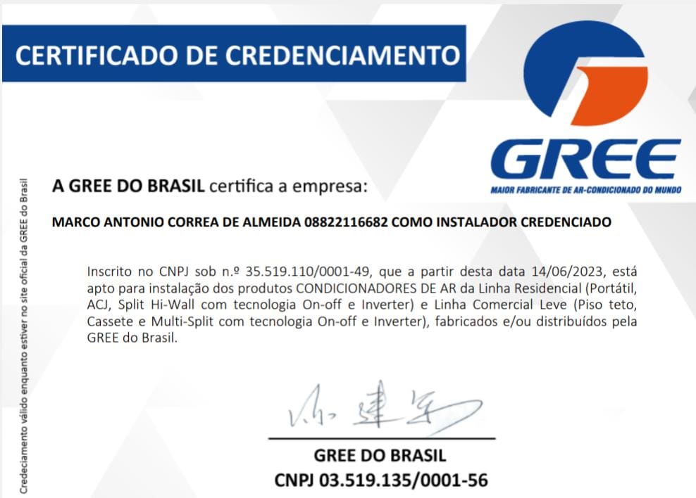 Certificação Gree do Brasil como instalador autorizado para sistemas de climatização residenciais e comerciais.