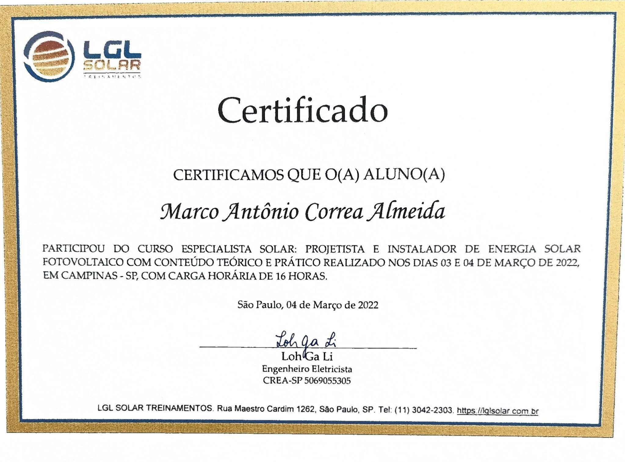 Certificado de conclusão de curso de Projetista e Instalador de Energia Solar Fotovoltaica.