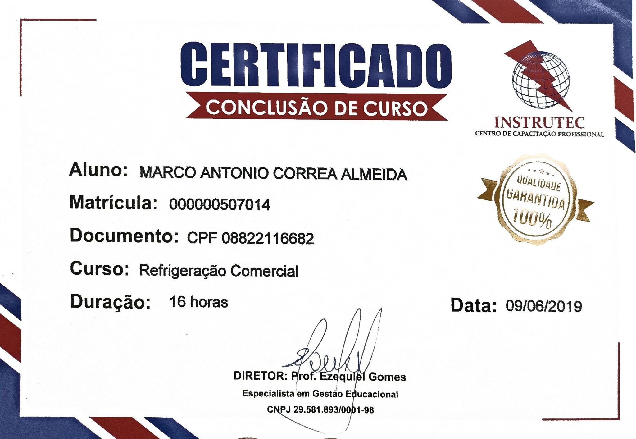 Certificado de conclusão de curso técnico em Refrigeração Comercial.