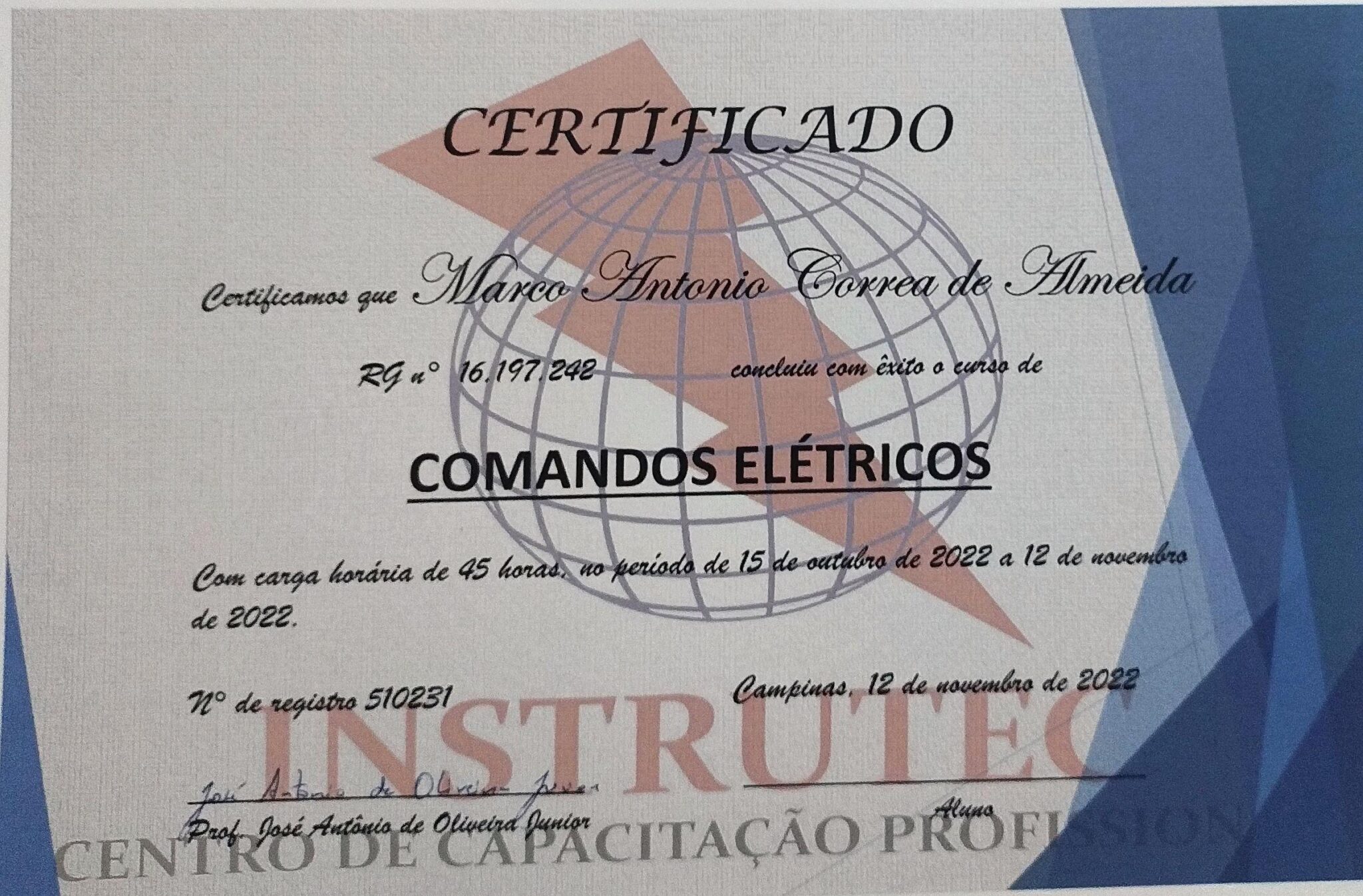 Certificado de conclusão do curso de comandos elétricos com carga horária de 45 horas.