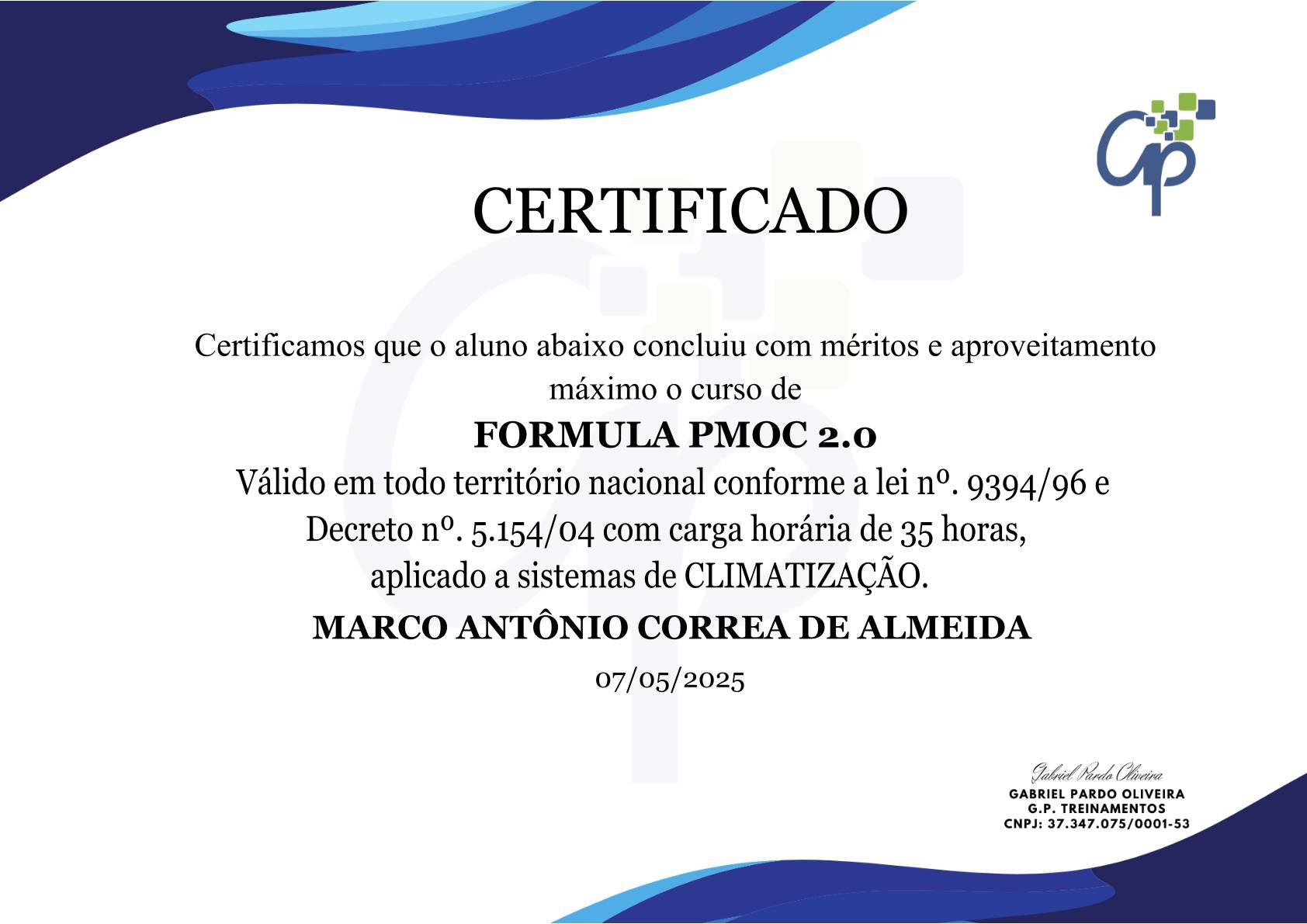 Certificado de conclusão do curso Fórmula PMOC 2.0 com carga horária de 35 horas.